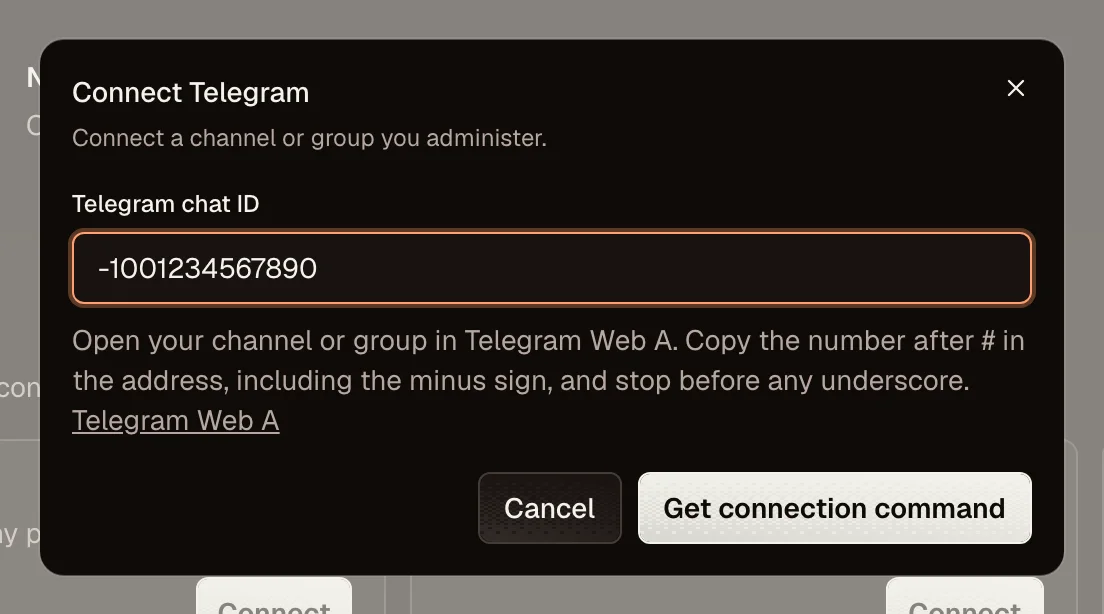 OpenPost connection dialog for Telegram chat ID