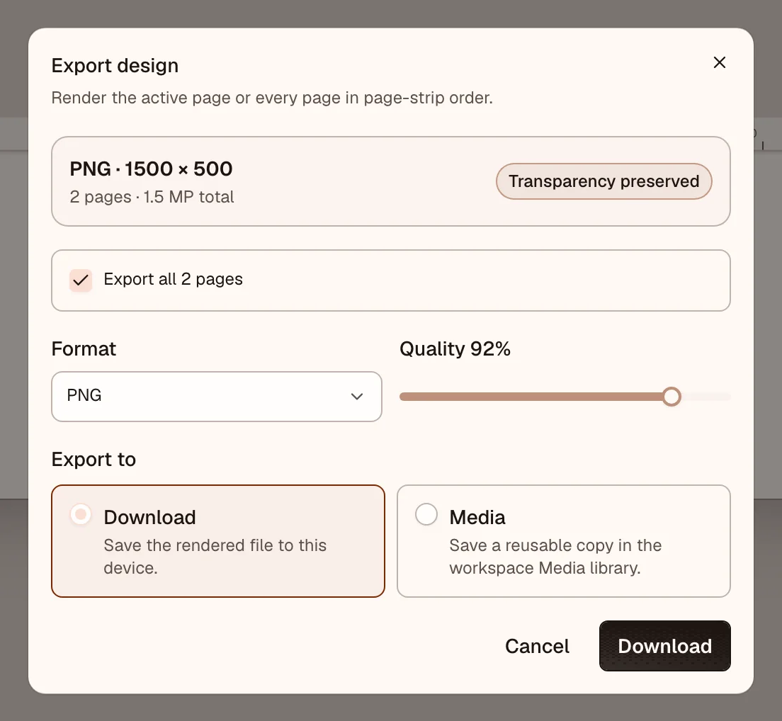 Export dialog with format, quality, and download or Media destination