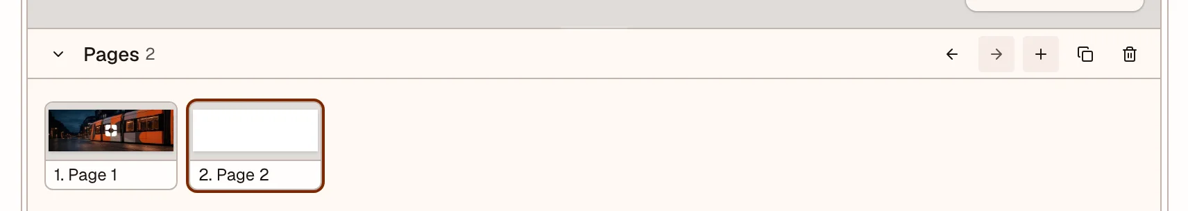 Pages strip with two pages and add, duplicate, and delete controls