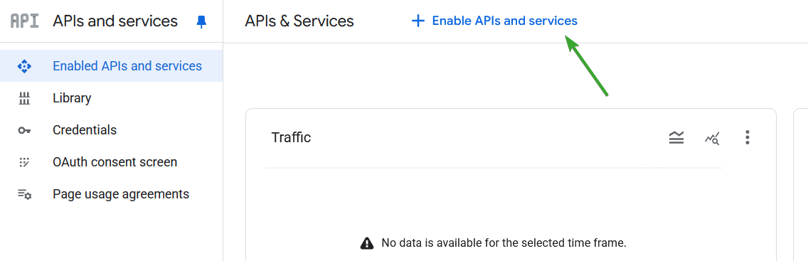 Google Cloud APIs and Services with Enable APIs and services highlighted