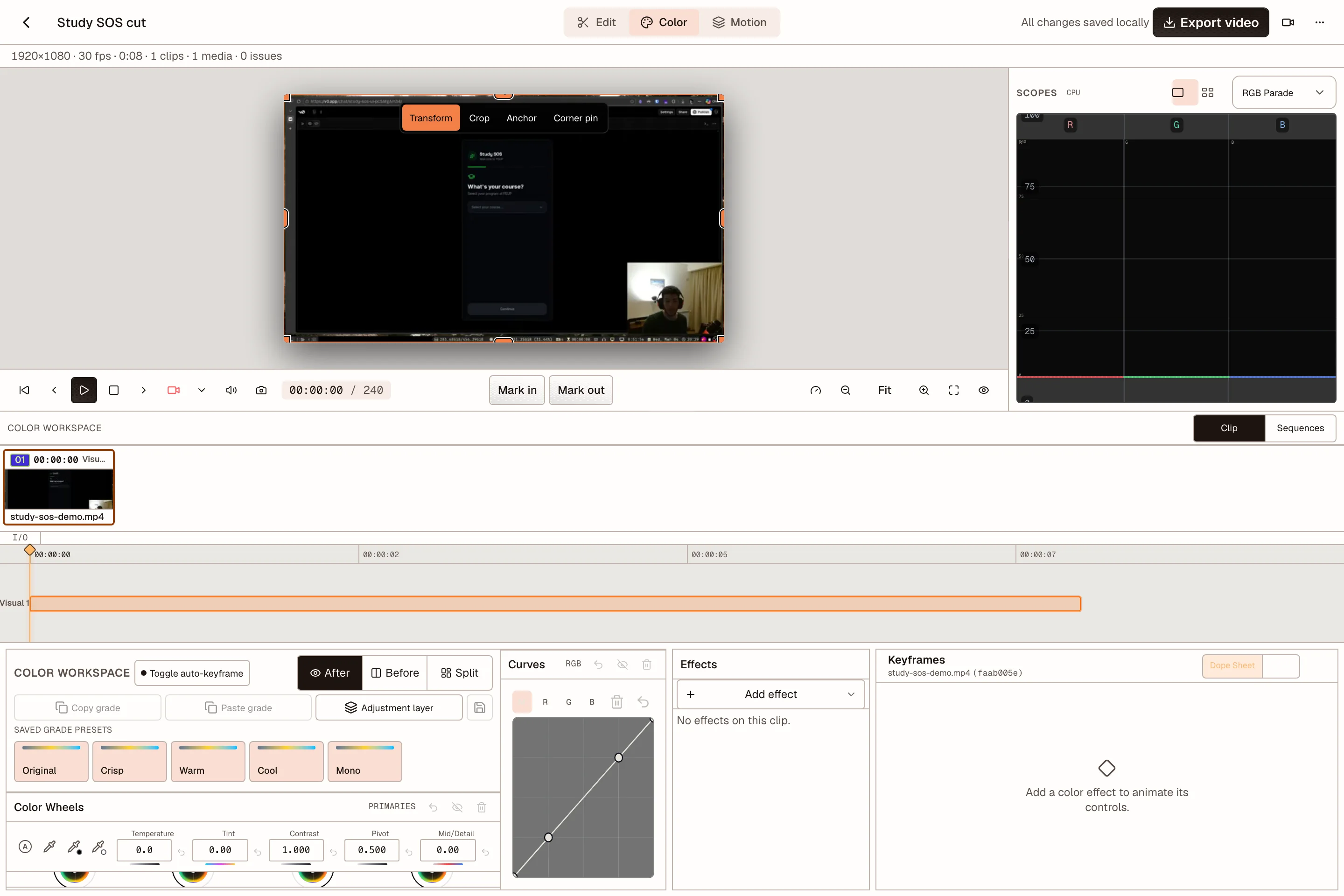 Color workspace with scopes, grade presets, color wheels, and curves