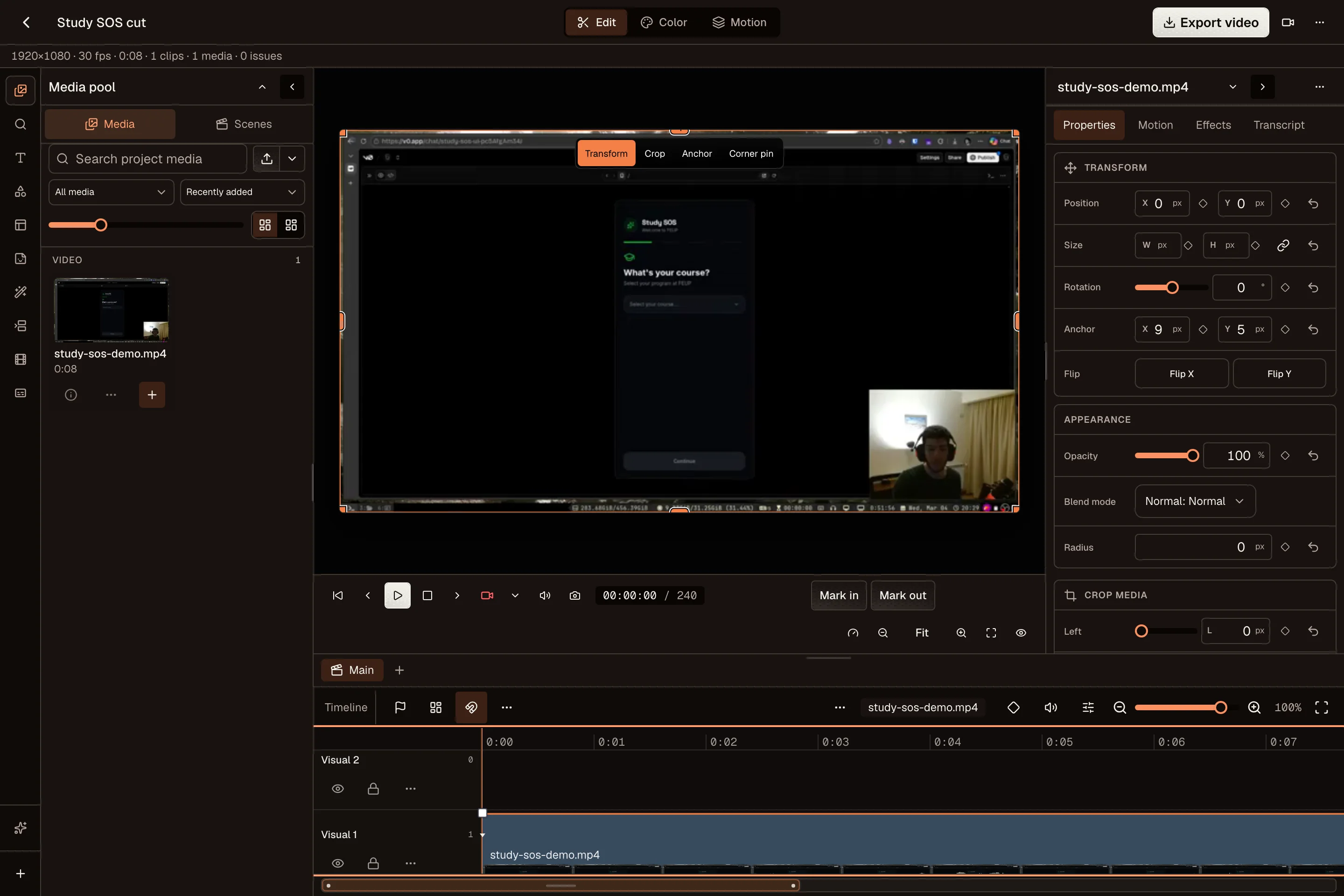 Video Editor with a clip on the timeline, preview monitor, and properties panel