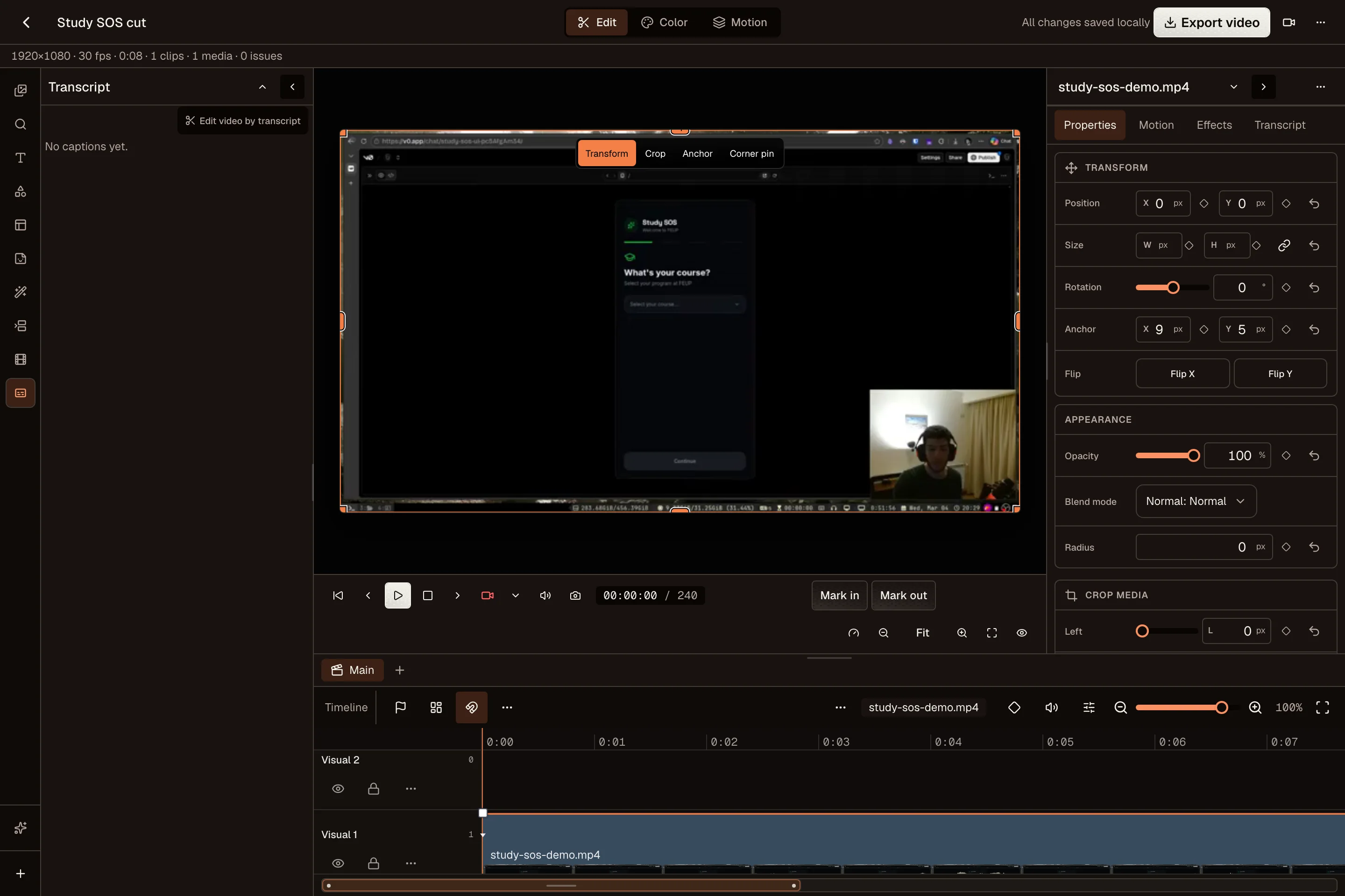 Transcript panel before transcription with Edit video by transcript button